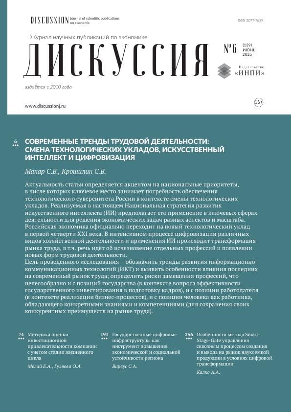 					Показать Том 139 № 6 (2025): ДИСКУССИЯ ЖУРНАЛ НАУЧНЫХ ПУБЛИКАЦИЙ ПО ЭКОНОМИКЕ
				